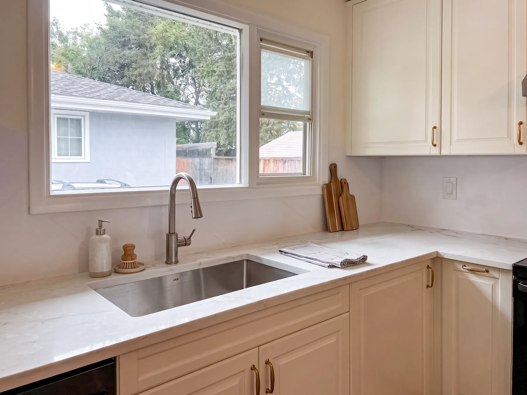 Galley Kitchen with Slab Backsplash