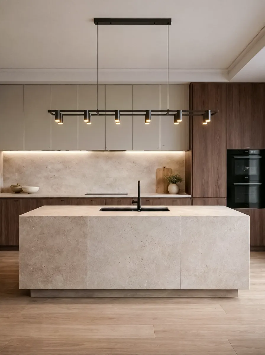 Waterfall edge island with mitered joint