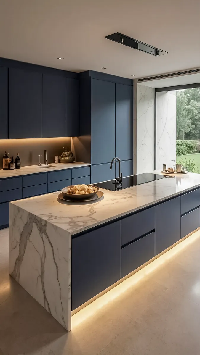 Quartz waterfall island countertop